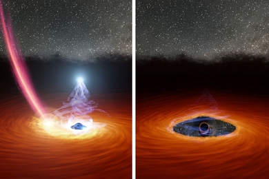 Astronomers at MIT and elsewhere watched a black hole’s corona disappear, then reappear, for first time. A colliding star may have triggered the drastic transformation.