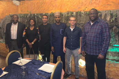 Empowering the Teachers fellows meet in Abuja, Nigeria, early January 2020. Left to right: Olusoji "Soji" Ilori, Yoav Danenberg, Muhammad Buhari, Victor Odumuyiwa, Chollette Olisah, and Tayo Akinwande.