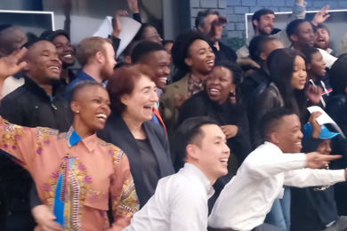 Professor Hazel Sive (front, second from left) visits Tshimologing, a digitial innovation precinct in Johannesburg, South Africa, with some 2019 Global Startup Labs participants.