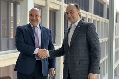 Jason Sanabia, president and CEO of Raith America (left), with Vladimir Bulović, the founding faculty director of MIT.nano and the Fariborz Maseeh (1990) Professor of Emerging Technology.