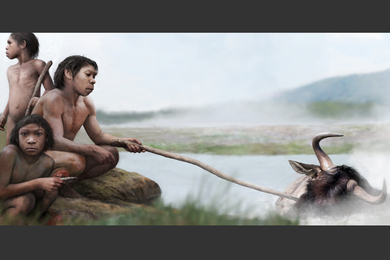 depiction of early human cooking near hot spring