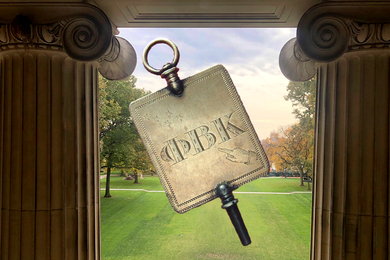 Image of a Phi Beta Kappa Key superimposed on MIT's Killian Court