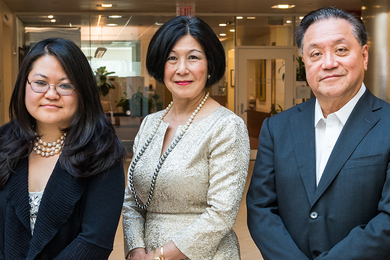 Photo of Eva Tan, Lisa Yang, and Hock Tan posing together