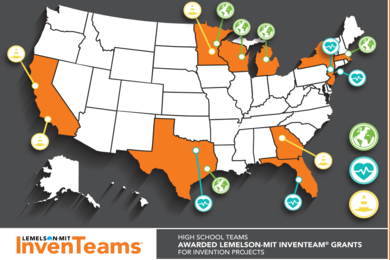 A map of the United States locating 2020-21 winners of Lemelson-MIT InvenTeams grants
