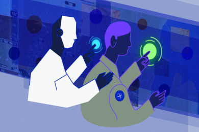 An abstract illustration of two figures sitting in front of computer screens