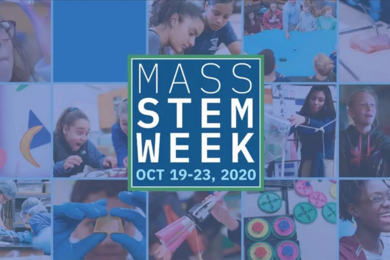 Collage of young people participating in STEM activities, superimposed with the MASS STEM Week logo