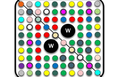 Diagram showing a 10x10 grid of colorful dots and two black dots with a "W" on each. Dots from the top left to bottom right are connected by a line.
