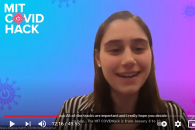 Screen capture of junior Kiara Wahnschafft against the COVID HACK background