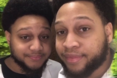 Screen capture of Miles and Malik George in a TikTok video with footage of amoebas in the background.