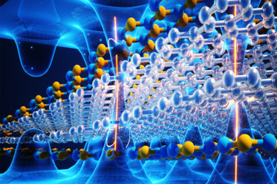 Illustration featuring a lattice of clear hexagons and a lattice of blue and yellow hexagons, superimposed on undulating waves