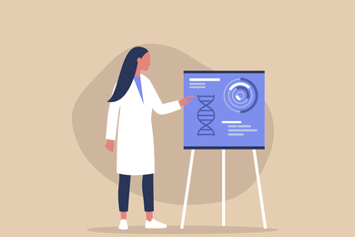 Illustration of a woman in a lab coat giving a presentation next to a poster featuring DNA
