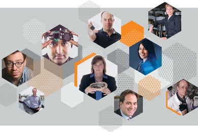 Illustration showing photos of nine people arranged in a honeycomb format