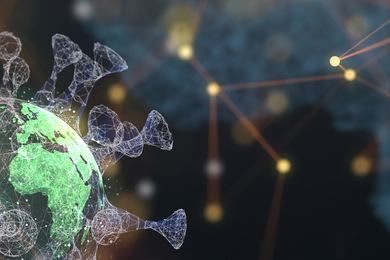 Stock photo illustration of the Earth with coronavirus spikes