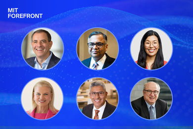 Six portraits in circles on a blue background. 