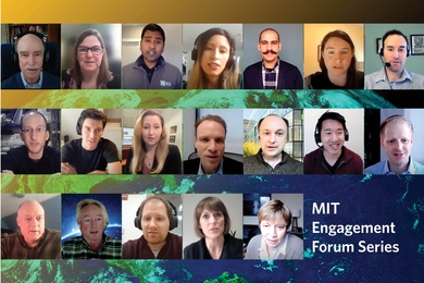 Nineteen screenshots of speakers from the webinar laid out in three rows over a background of the earth. The text “MIT Engagement Forum Series” is written in the bottom right corner. 