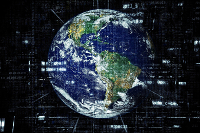 Image of Earth with computer code in front.