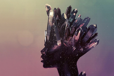 Sculpture of a woman's head with crystals for hair - detail: "Amesthyst," by Manzel Bowman