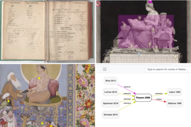Collage of images of a historic French book, a detail of a classical illustration of a woman with a book and a cherub, a flow chart, and a detail of a 17th-century South Asian miniature painting
