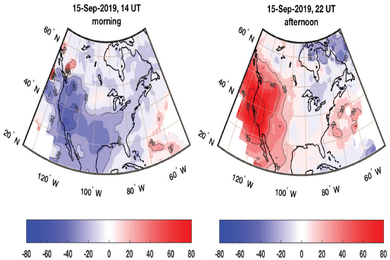 Two outline maps of the North American continent with blue and red overlays indicating decreases or increases in total electron content levels