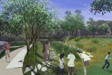 3D architectural illustration of a greenway featuring a paved foot path on the left, stone pavers through some grass, and lots of trees surround the rest of the grassy area with people and birds about