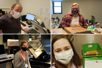 Photo collage of four masked people; two are at scanners, one is in front of a file box, and one has a crate of books for delivery.