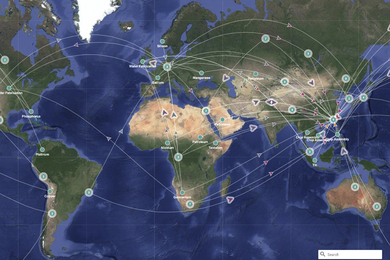 Image of a world map showing geographic features highlights sources of raw materials dots connected with lines with arrows in them