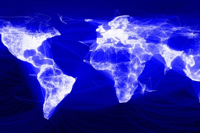 Dark blue background with white lines depicting connectivity outlining the world’s continents