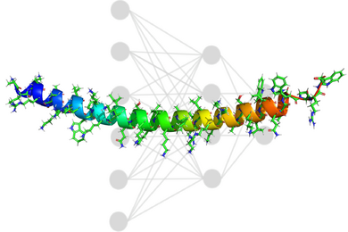 Colorful illustration of a peptide sequence in front of a grayed-out network of about a dozen interconnected nodes