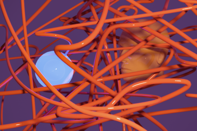 3D illustration featuring a model of a human head looking at a blue orb, while they are both crisscrossed and surrounded by a tangled orange wire