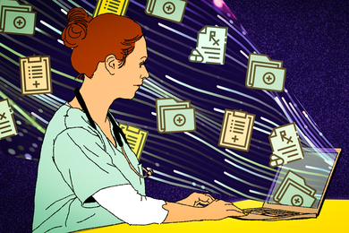 This illustration shows a nurse at a laptop while a burst of medical icons, like folders, prescriptions, and files, emerge from the laptop screen.