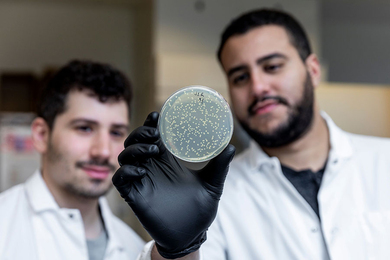 Photo of two men in in lab coats looking at a petri dish that one of them is holding with safety gloves on