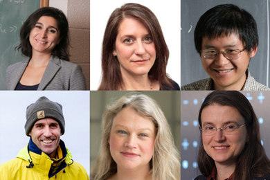 2021 APS fellows (top row, l-r) Lydia Bourouiba, Laura Grego, Hong Liu, (bottom row, l-r) Thomas Peacock, Lindley Winslow, and Bilge Yildiz.