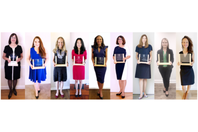 A row of nine photos of women holding square glass awards. 