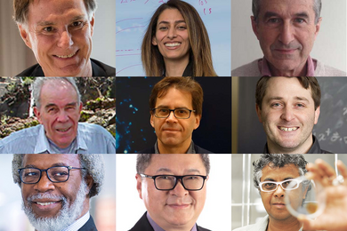 Three by three grid of headshot photos of Edmund Bertschinger, Nikta Fakhri, Robert Jaffe, Gene Dresselhaus, Peter Fritschel, Sean Robinson, Sylvester James Gates Jr., Terence Tai-Li Hwa, and Sanat Kumar.