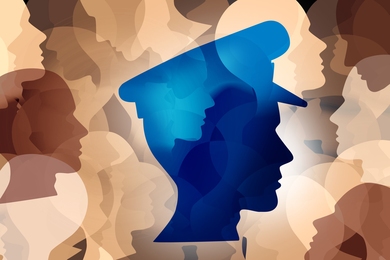 Stylized image of brown and white head silhouettes with a blue one in a police hat front and center