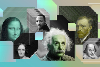 Composite collage showing paintings or photos of The Mona Lisa, Mary Shelley, Martin Luther King Jr., Albert Einstein, Vincent Van Gogh, and William Shakespeare.