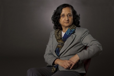 Portrait photo of Anuradha Annaswamy seated before a gray background