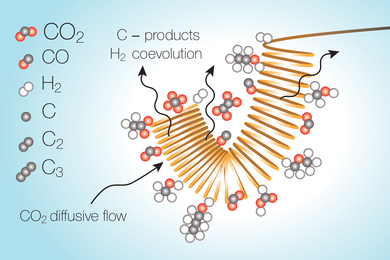Illustration showing a slinky-like coil with clusters of spheres attached to the outside, representing atoms in various carbon molecules