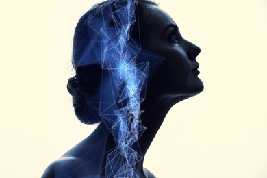 Digital illustration featuring a black-and-white photo of a young woman’s head and shoulders, superimposed with a network of interconnected nodes running through her head and neck