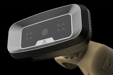 Closeup photo of an Akasha ClearSight Deep Imaging System mounted on a robotic arm