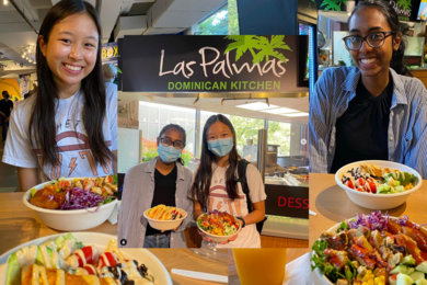 Photo of two MIT students smiling while enjoying a lunch from Las Palmas Restaurant in the MIT Student Center. In an inset photo, they are standing, masked, in front of a sign reading “Las Palmas Dominican Kitchen"