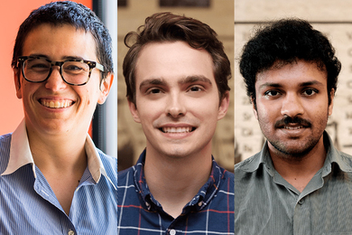 Portrait photos, arranged side by side, of Alison Wendlandt, Gino Occhialini, and Vignesh Palani