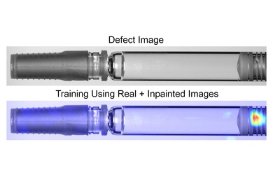 Two images of a defective syringe stopper. The top one, in visible light, shows a small pit in one end. The bottom one has a color highlight indicating how a machine sees the same defect.