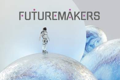 Futuristic graphic image of astronaut standing on huge opaque spheres.