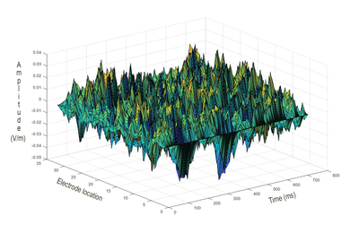 A 3-axis graph shows a very bumpy plane in blue and green plotting how electric field amplitude changes across 32 electrodes over 800 ms.