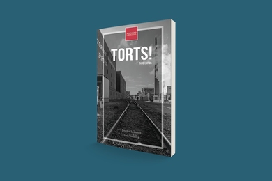 Image of the "Torts" book cover, which features a black and white photo of railroad tracks in between the MIT nuclear reactor and Met Warehouse, against a blue background