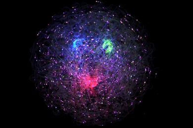 An illustration of a proton, which looks like a jumble of red, blue, and green thin lines.