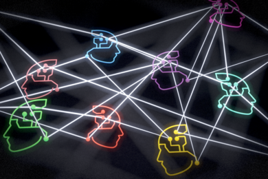 an illustration representing the concept of diversity in AI agents. Different-colored line drawings of human heads with "nodes" for a brain are connected by white lines, forming a network.