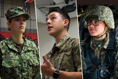 Three photos of MIT student cadets wearing their camouflage uniforms