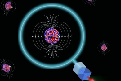 Conceptual graphic illustration of a magnifying glass made of lasers light, with the circular "glass" part surrounding a diagram of an atom, with other atoms in the background